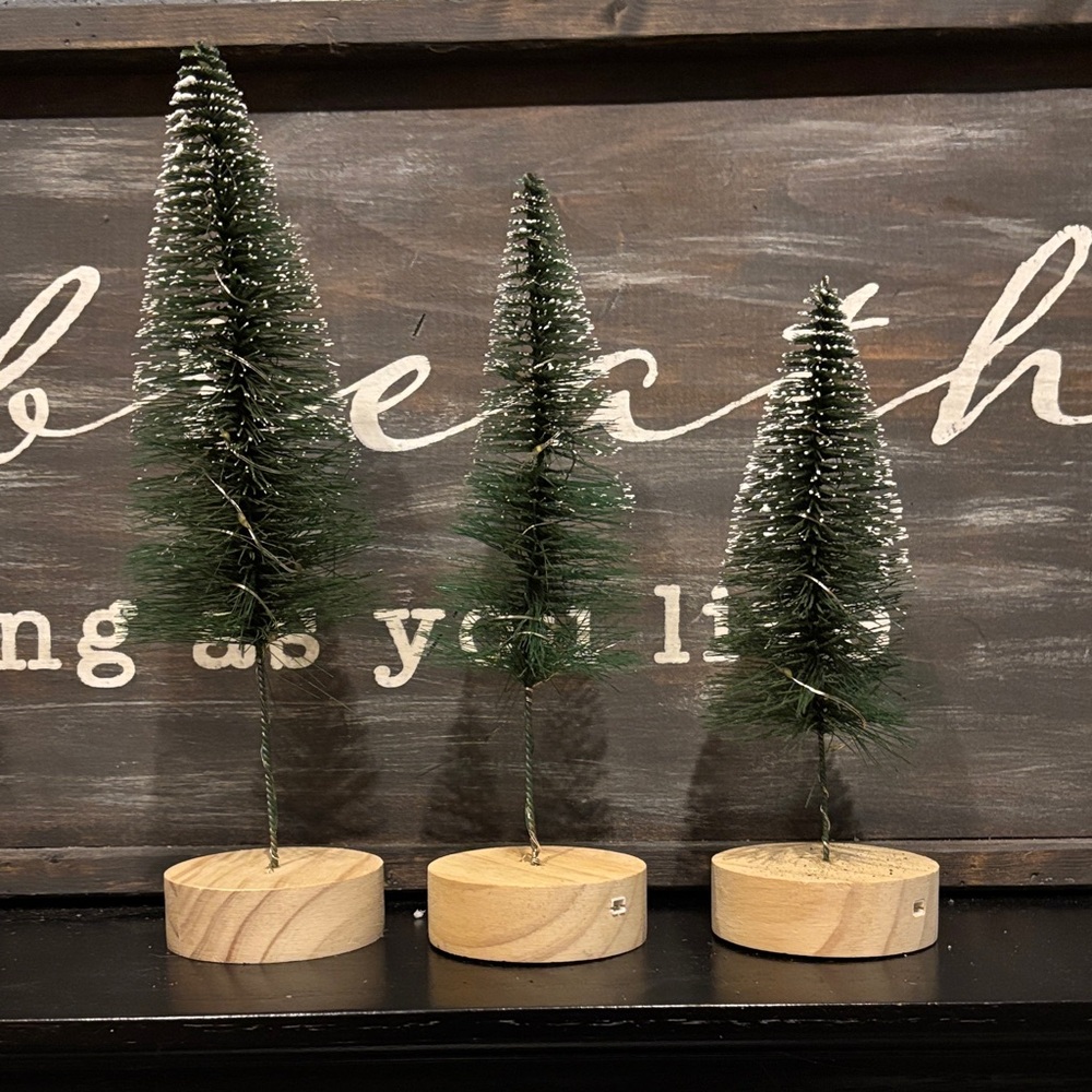 Green Holiday lighted bottle brush Tree Set with Wooden Base